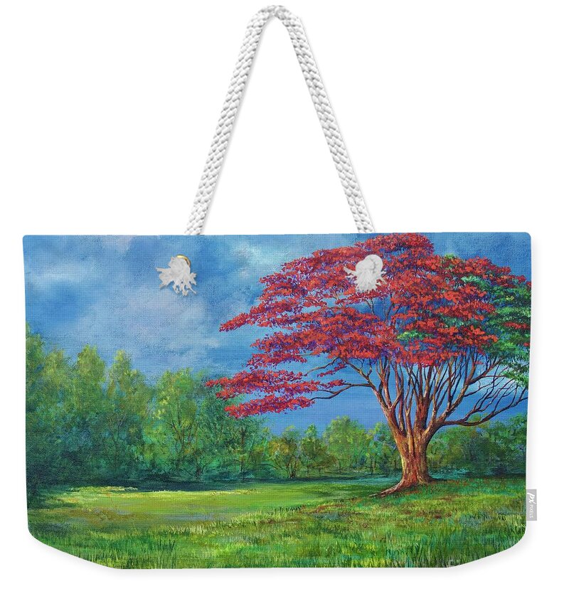Flame Tree Weekender Tote Bag featuring the painting Flame Tree by AnnaJo Vahle