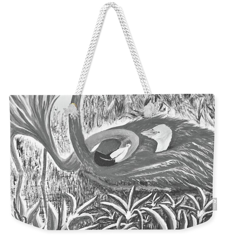 Nesting Flamingo Weekender Tote Bag featuring the painting Flamingo Family BW by Michael Silbaugh