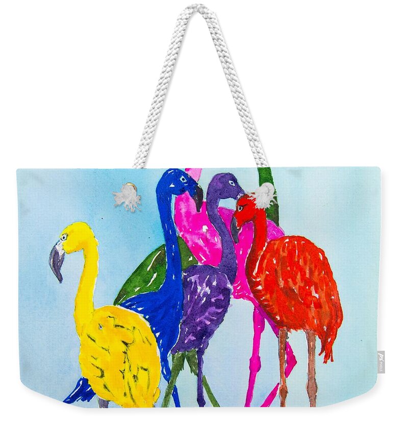 Flamingo Weekender Tote Bag featuring the painting Flamingo Colorplay by Margaret Zabor