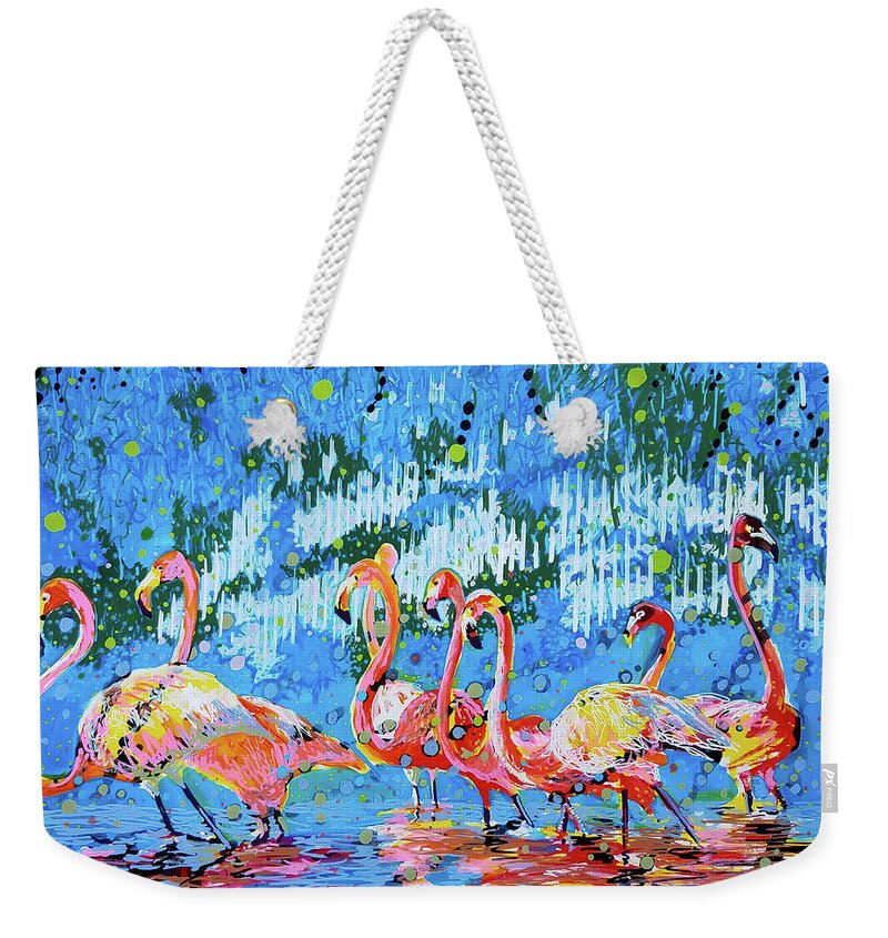 Flamingo Weekender Tote Bag featuring the painting Flamingo Pat Party by Tilly Strauss