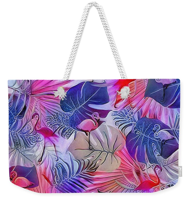 Flamingos And Tropical Leaves Art Weekender Tote Bag featuring the digital art Flamingos and Tropical Leaves Art by Kaye Menner by Kaye Menner