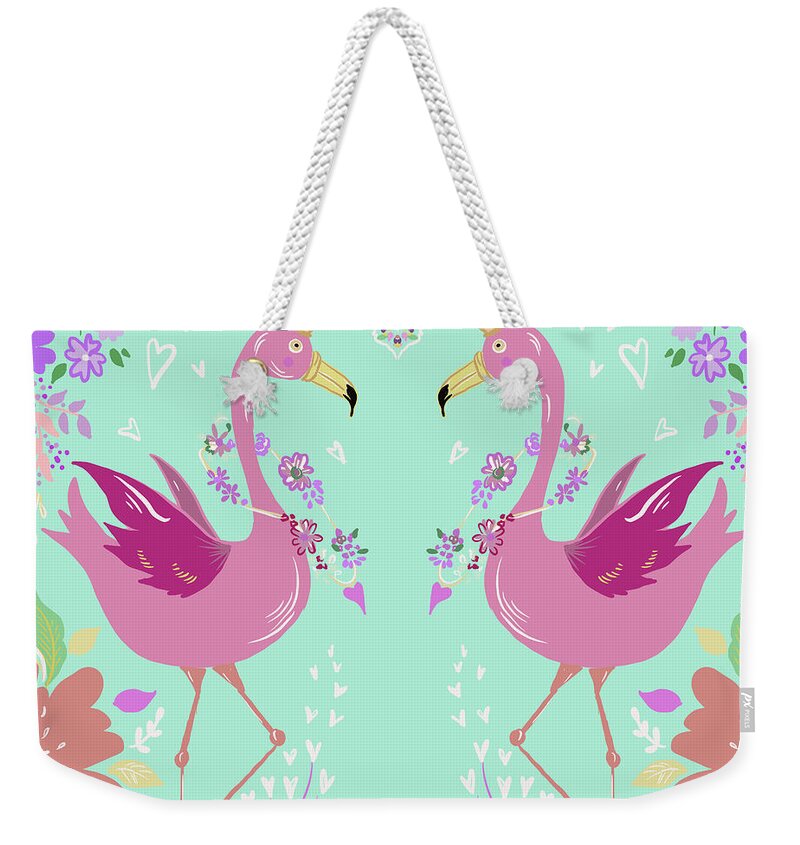 Flamingo Weekender Tote Bag featuring the mixed media Flamingos In Love Aqua by Ani Del Sol
