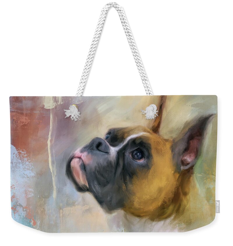 Colorful Weekender Tote Bag featuring the painting Flashy Fawn Boxer by Jai Johnson