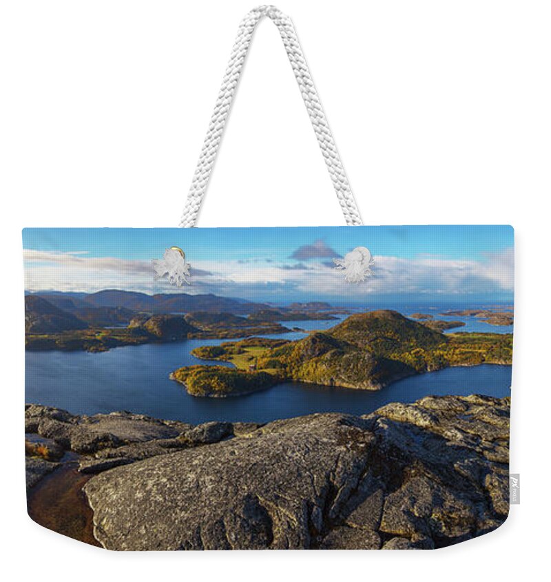 Landscape Weekender Tote Bag featuring the photograph Flatanger Panorama by Judy Hess