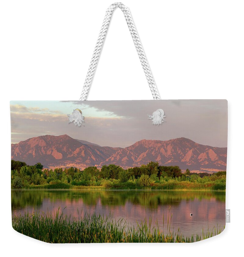 Tranquil Scene Weekender Tote Bag featuring the photograph Flatirons At Dawn With Swimming Bird by Beklaus