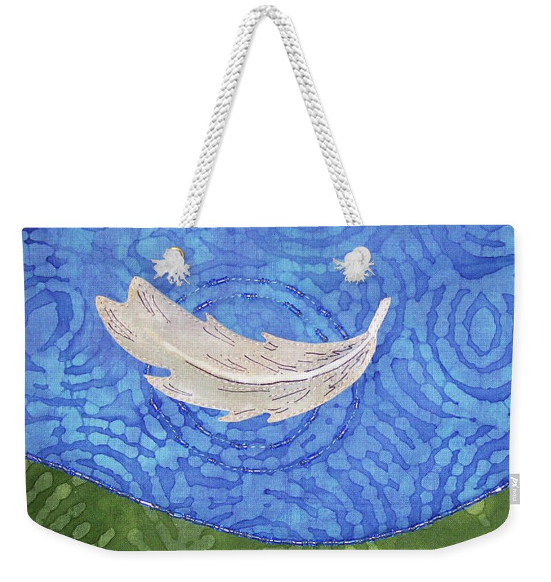 Art Quilt Weekender Tote Bag featuring the tapestry - textile Floating Feather by Pam Geisel