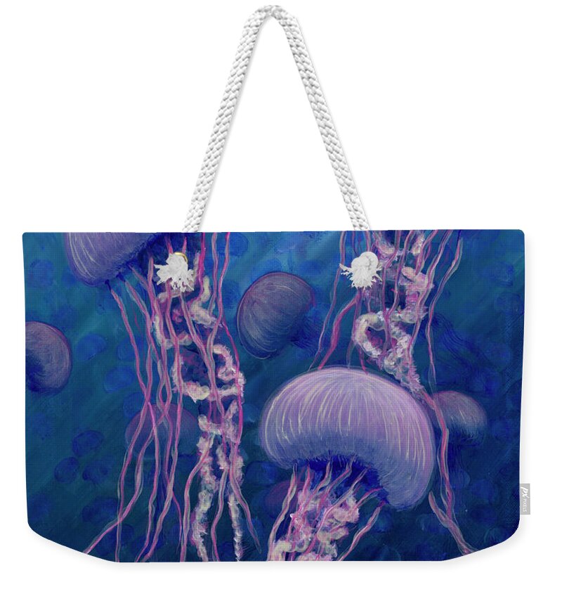 Acrylic Weekender Tote Bag featuring the painting Floating Jellies by Rebecca Parker