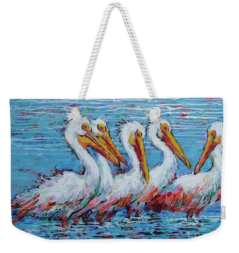  Weekender Tote Bag featuring the painting Flock Of White Pelicans by Jyotika Shroff