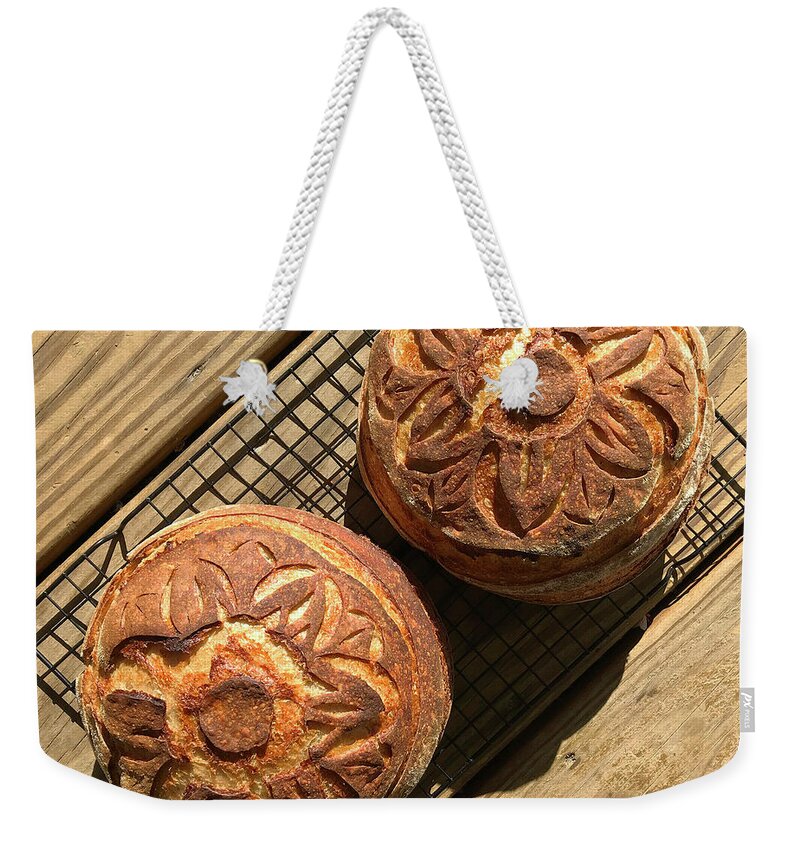 Bread Weekender Tote Bag featuring the photograph Floral Scored Sourdough by Amy E Fraser