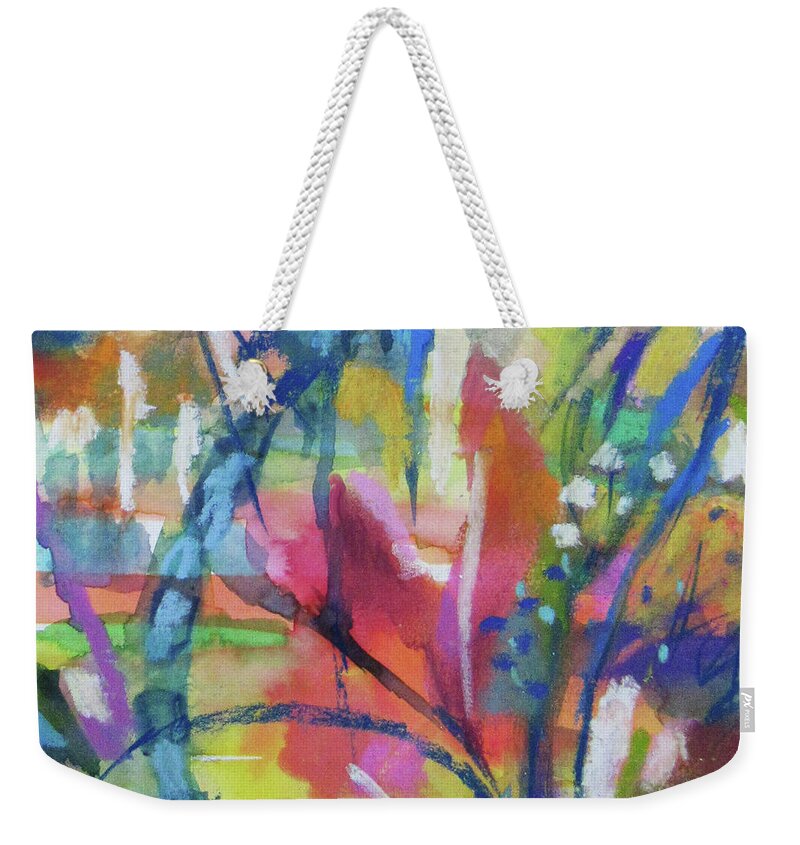 Abstract Flower Weekender Tote Bag featuring the mixed media Flower Intensive - Detail by Jean Batzell Fitzgerald