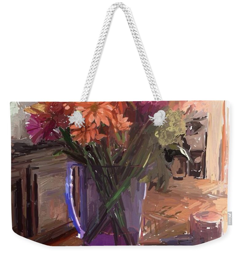 Vase Weekender Tote Bag featuring the digital art Flowers in a Vase by Joe Roache