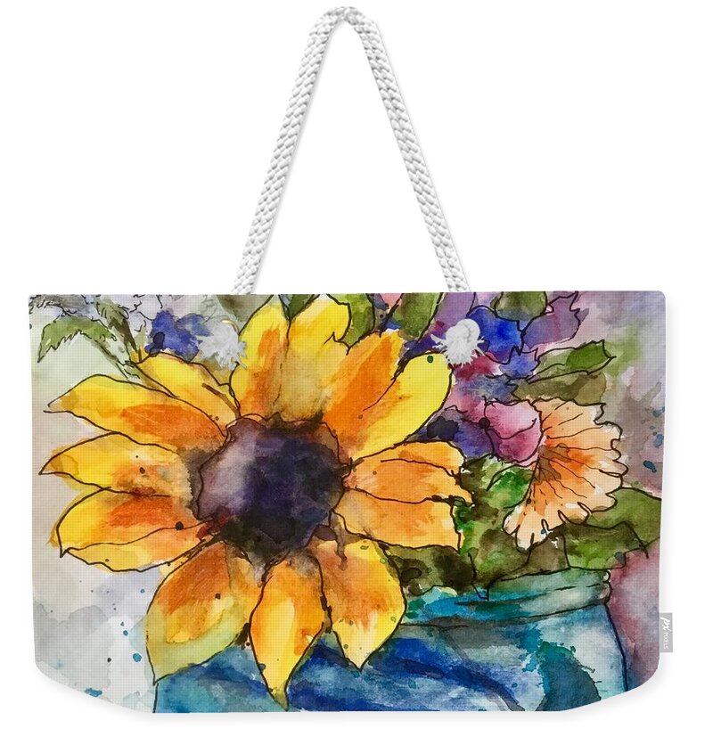 Sunflower Weekender Tote Bag featuring the painting Flowers in Water by Cheryl Wallace
