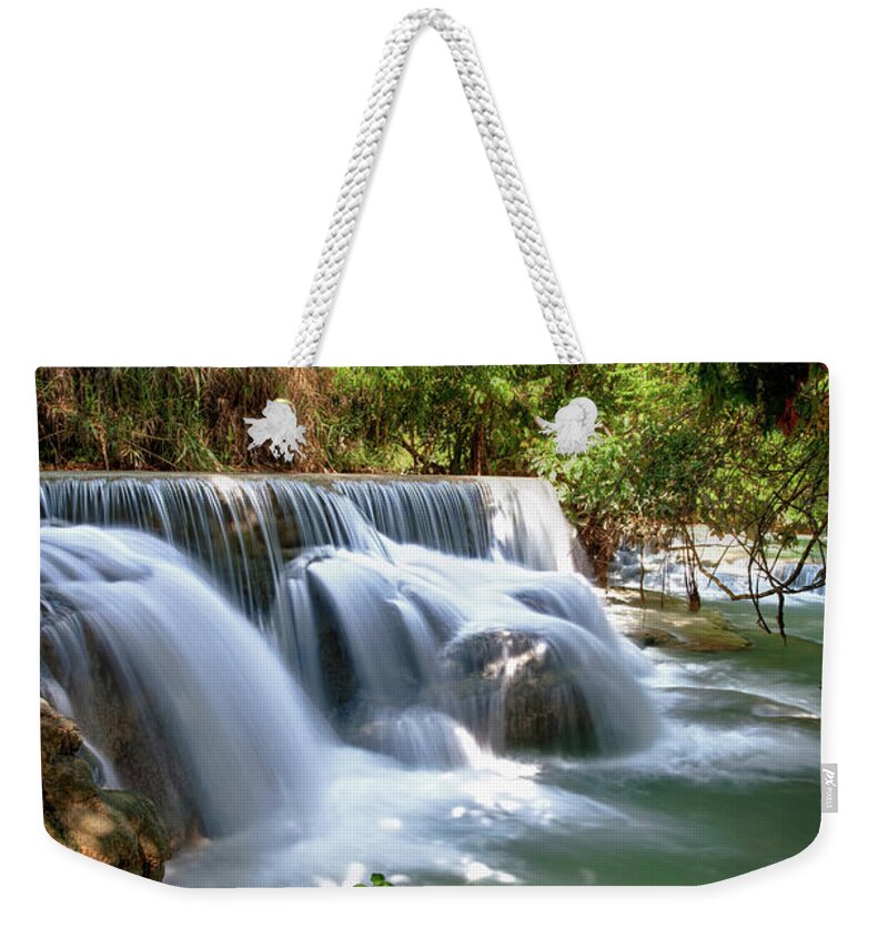 Tropical Rainforest Weekender Tote Bag featuring the photograph Flowing Water Under Trees - Laos by Fototrav
