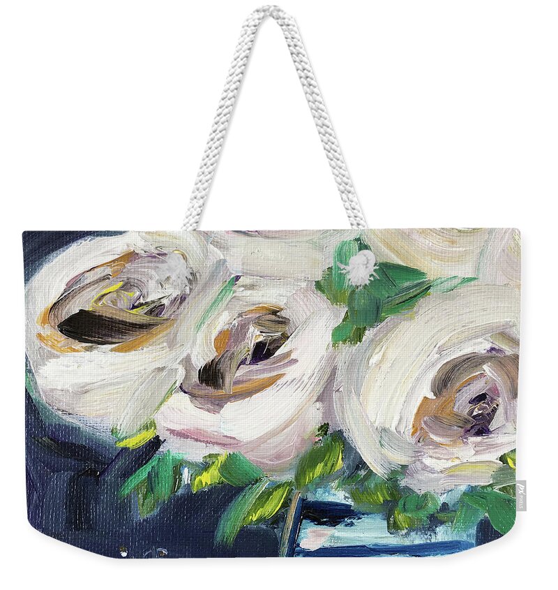 Roses Weekender Tote Bag featuring the painting Fluffy White Roses by Roxy Rich