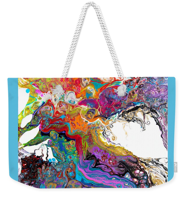  Exotic Joyous Jubilant Vibrantly Colorful Compelling Abstract Happy Energetic Intense Organic Exciting Loud Weekender Tote Bag featuring the painting Flutterby Dragon by Priscilla Batzell Expressionist Art Studio Gallery