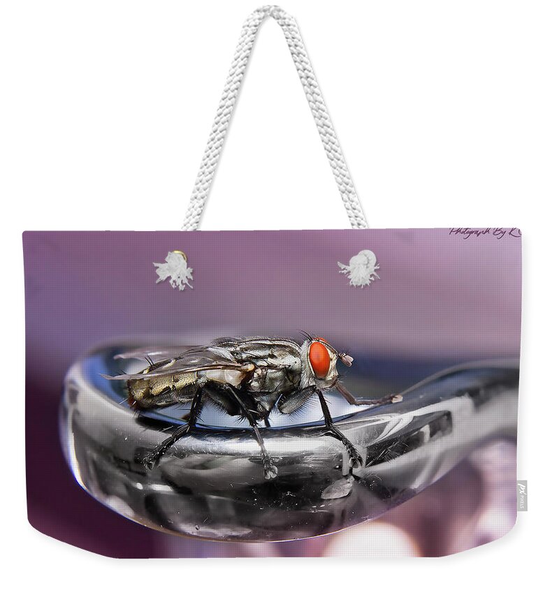 Macro Photography Weekender Tote Bag featuring the digital art Fly on a tap 0122 by Kevin Chippindall