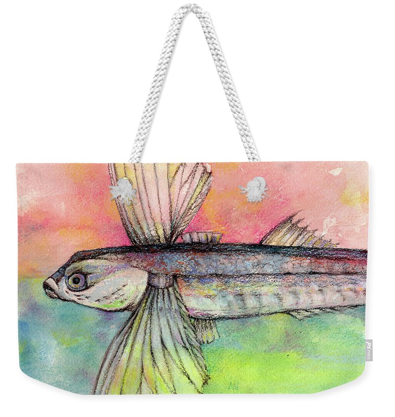 Flying Fish Weekender Tote Bag featuring the pastel Flying Fish from Barbados by AnneMarie Welsh
