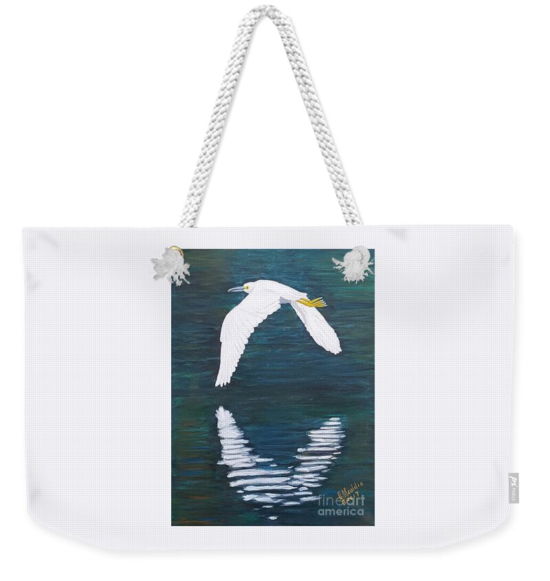 Snowy Egret Weekender Tote Bag featuring the painting Flying Snowy Egret by Elizabeth Mauldin
