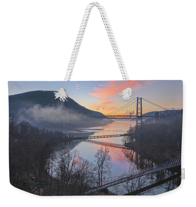 Fog Weekender Tote Bag featuring the photograph Foggy Dawn At Three Bridges by Angelo Marcialis