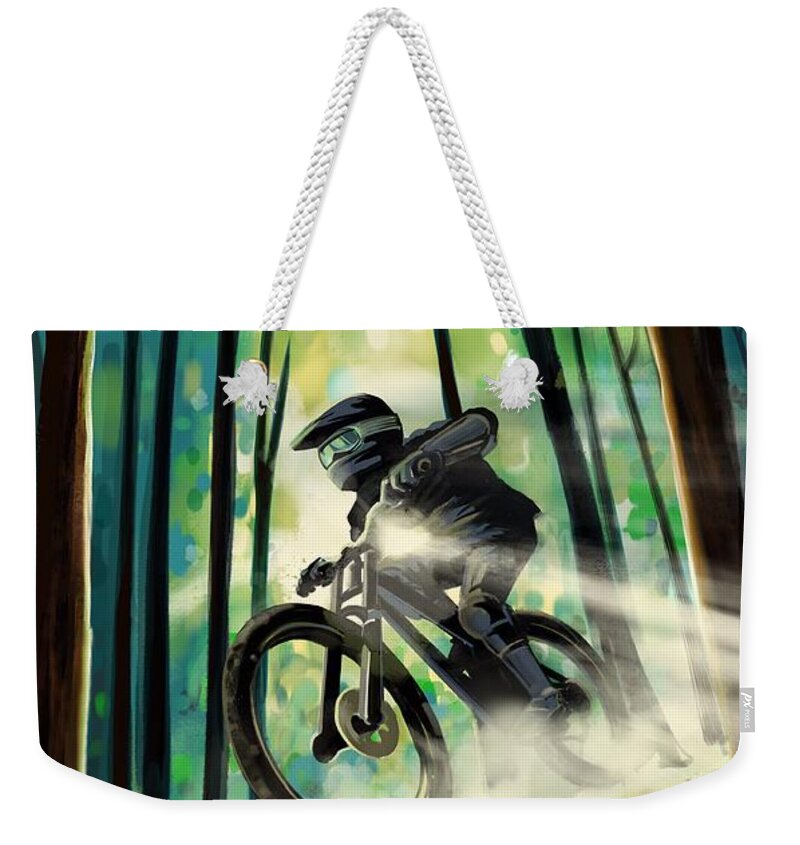 Mountain Bike Weekender Tote Bag featuring the painting Forest jump mountain biker by Sassan Filsoof