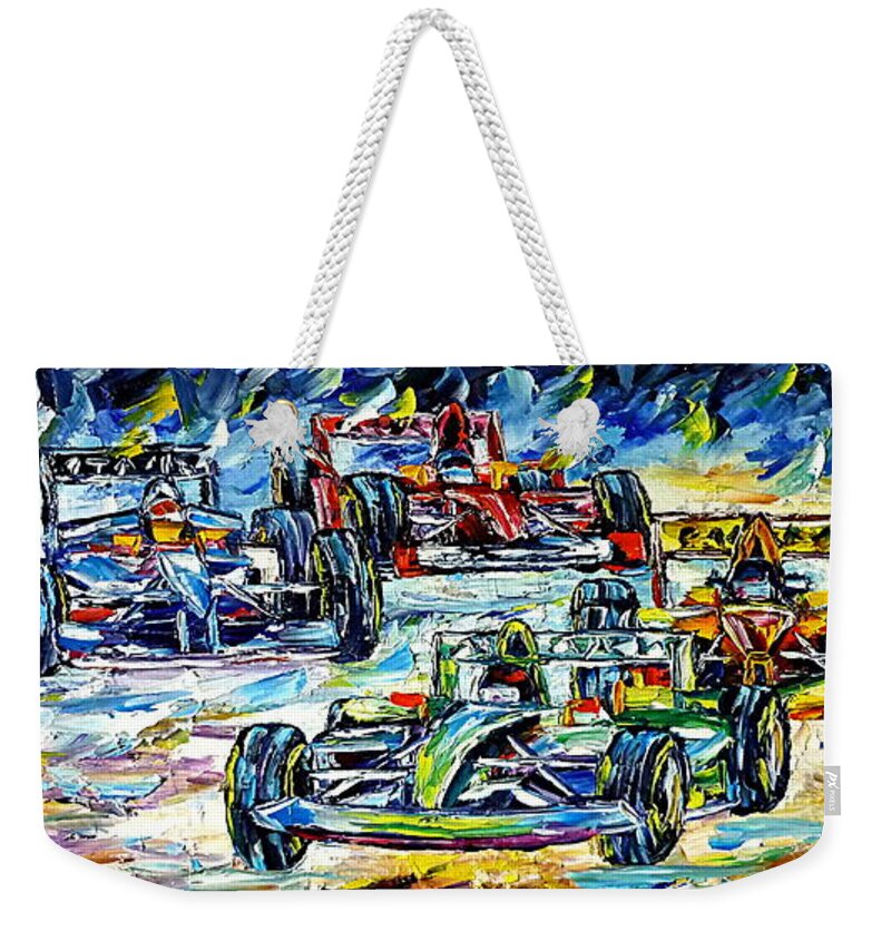 Formula One Weekender Tote Bag featuring the painting Formula 1 by Mirek Kuzniar