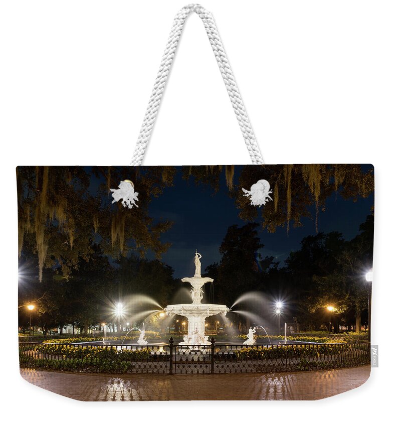 Fountain Weekender Tote Bag featuring the photograph Forsyth at Night by Rebekah Zivicki