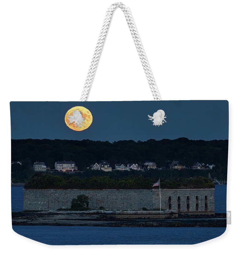 Maine Weekender Tote Bag featuring the photograph Fort Gorges Moon by Colin Chase