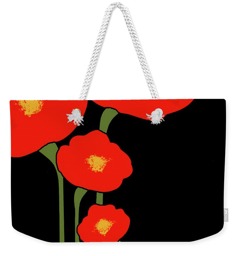 Four Red Flowers On Black Stark Red Black Simple Peggy Cooper Cooperhouse Interior Decor Bright  Weekender Tote Bag featuring the digital art Four Red Flowers on Black by Peggy Cooper-Hendon