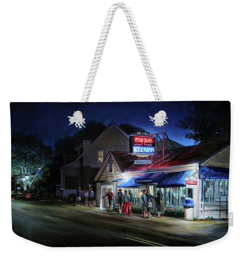 Four Seas Ice Cream Weekender Tote Bag featuring the painting Four Seas- Night by Jonathan Gladding