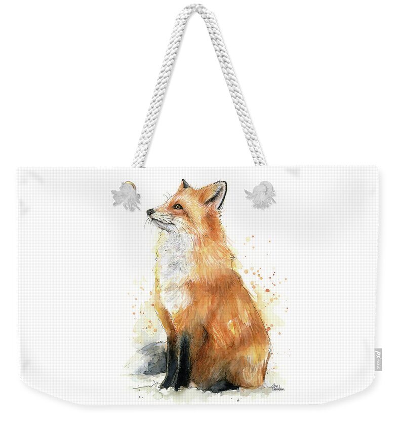 Watercolor Fox Weekender Tote Bag featuring the painting Fox Watercolor by Olga Shvartsur