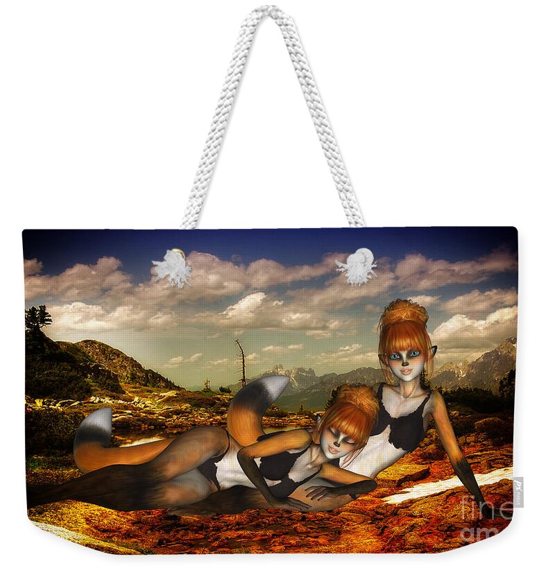 Cute-adorable-foxy-sisters Weekender Tote Bag featuring the digital art Foxy Sisters by Diane K Smith