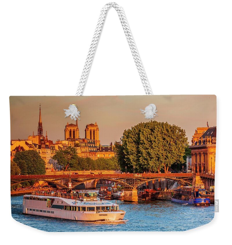 Estock Weekender Tote Bag featuring the digital art France, Ile-de-france, Seine, Paris, Louvre, Vendome, Pont Des Arts, Pont Des Arts, Notre Dame De Paris In The Background by Alessandro Saffo