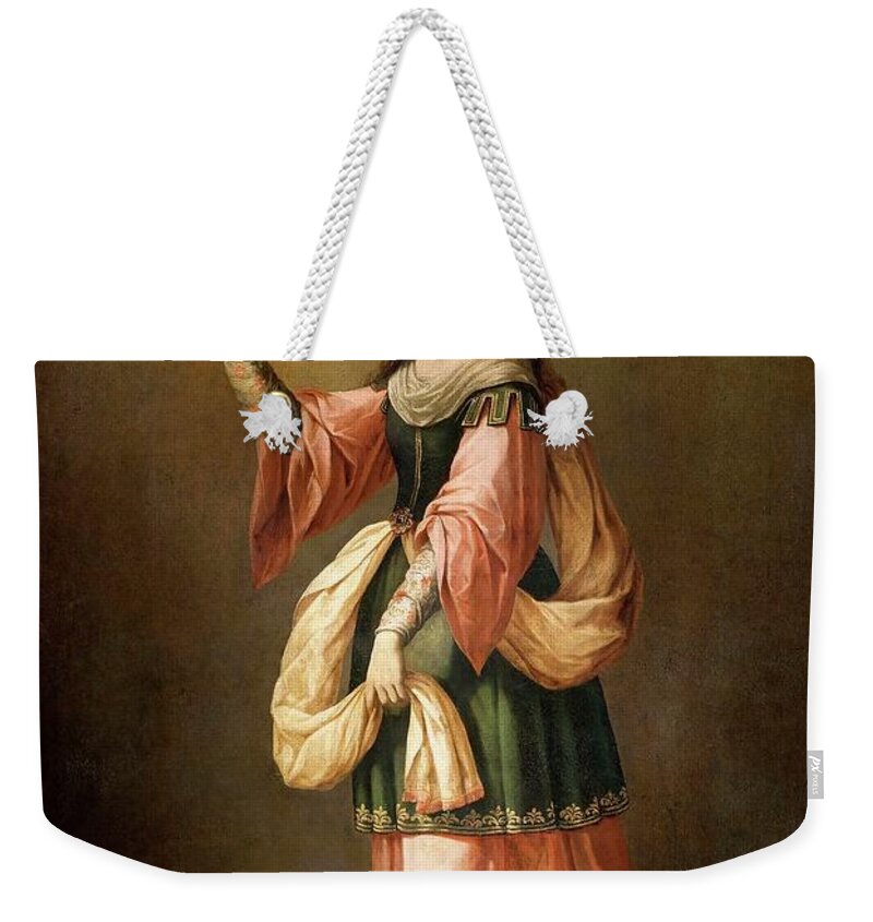 Allegory Of Charity Weekender Tote Bag featuring the painting Francisco de Zurbaran / 'Allegory of Charity', ca. 1655, Spanish School. by Francisco de Zurbaran -c 1598-1664-