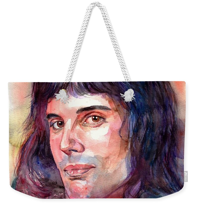 Freddie Mercury Weekender Tote Bag featuring the painting Freddie Mercury young by Suzann Sines