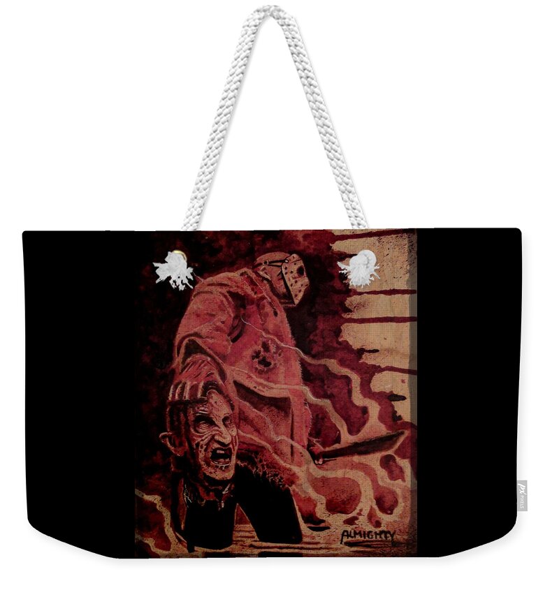 Ryanalmighty Weekender Tote Bag featuring the painting FREDDY vs JASON by Ryan Almighty