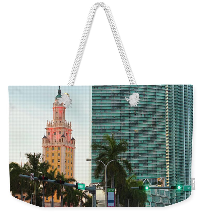 Land Vehicle Weekender Tote Bag featuring the photograph Freedom Tower And Highrise Buildings by Juan Silva