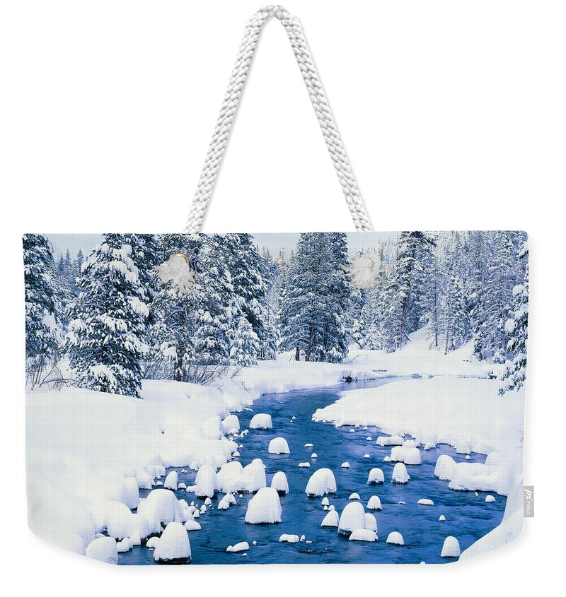Scenics Weekender Tote Bag featuring the photograph Fresh Winter Snow Covers Forest With by Ron thomas
