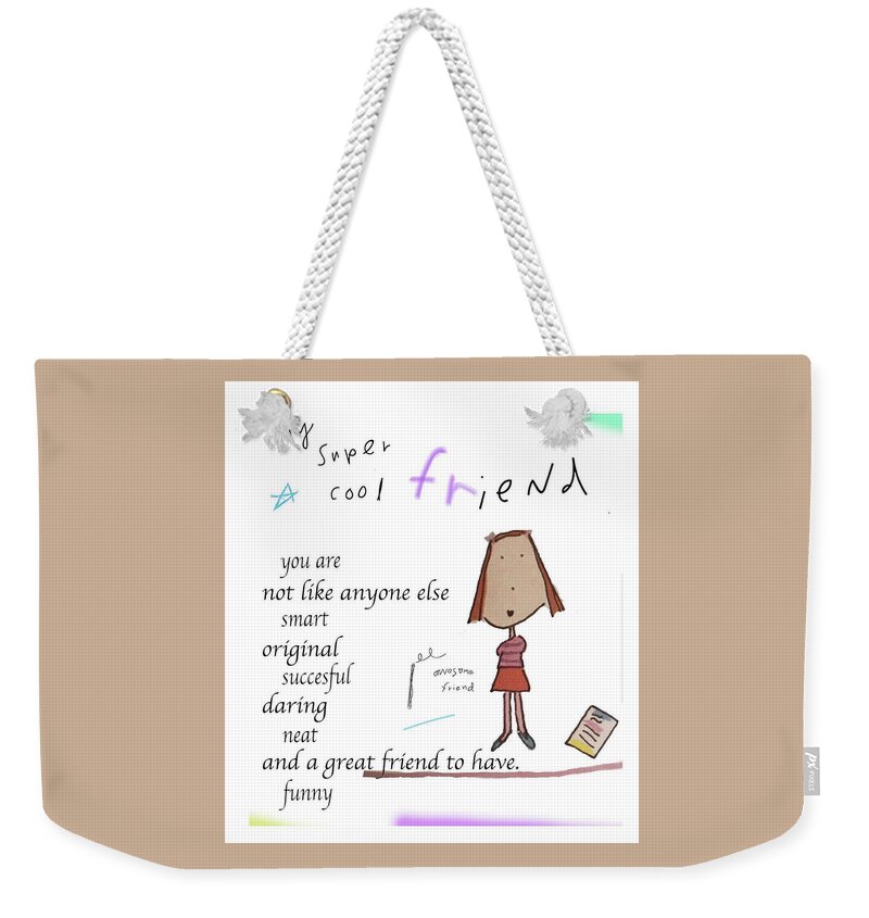 Text Weekender Tote Bag featuring the drawing Friend by Ashley Rice