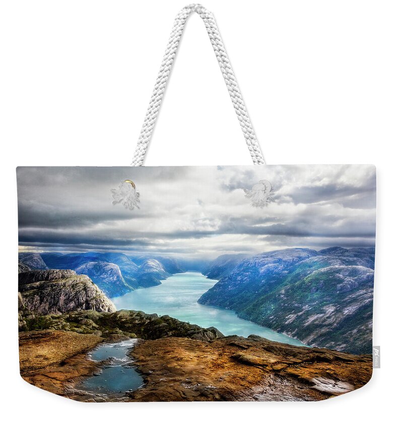 Clouds Weekender Tote Bag featuring the photograph From the Top of Preikestolen The Pulpit Rock by Debra and Dave Vanderlaan