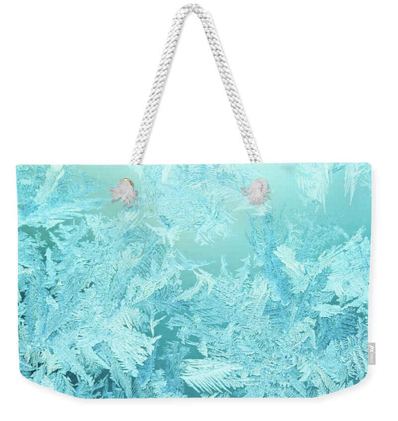 Cool Attitude Weekender Tote Bag featuring the photograph Frosty Pattern On Winter Window by 5ugarless