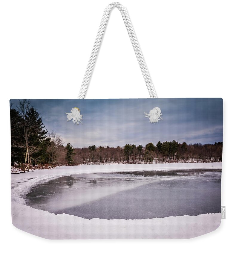 Clouds Weekender Tote Bag featuring the photograph Frozen Mill Pond by Sandra Foyt