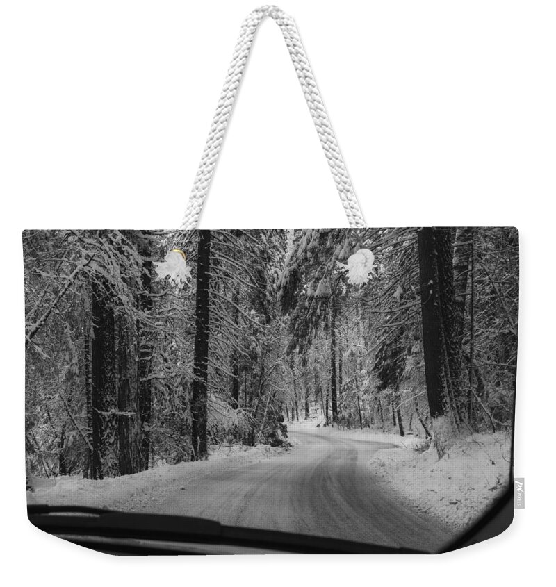 Yosemite Weekender Tote Bag featuring the photograph Frozen road highway 120 towards Yosemite by Alessandra RC