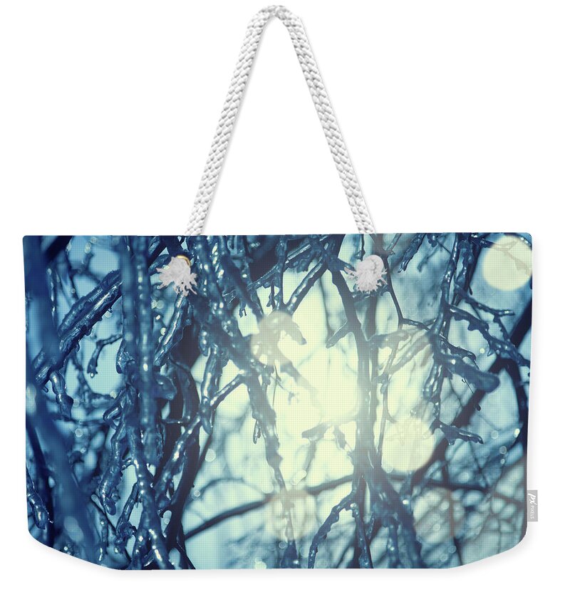 Melting Weekender Tote Bag featuring the photograph Frozen Tree Branch by Neoblues