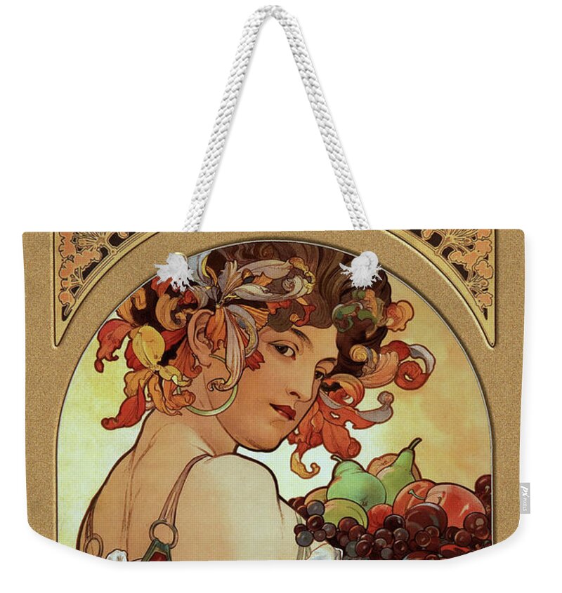 Fruit Weekender Tote Bag featuring the painting Fruit by Alphonse Mucha by Rolando Burbon