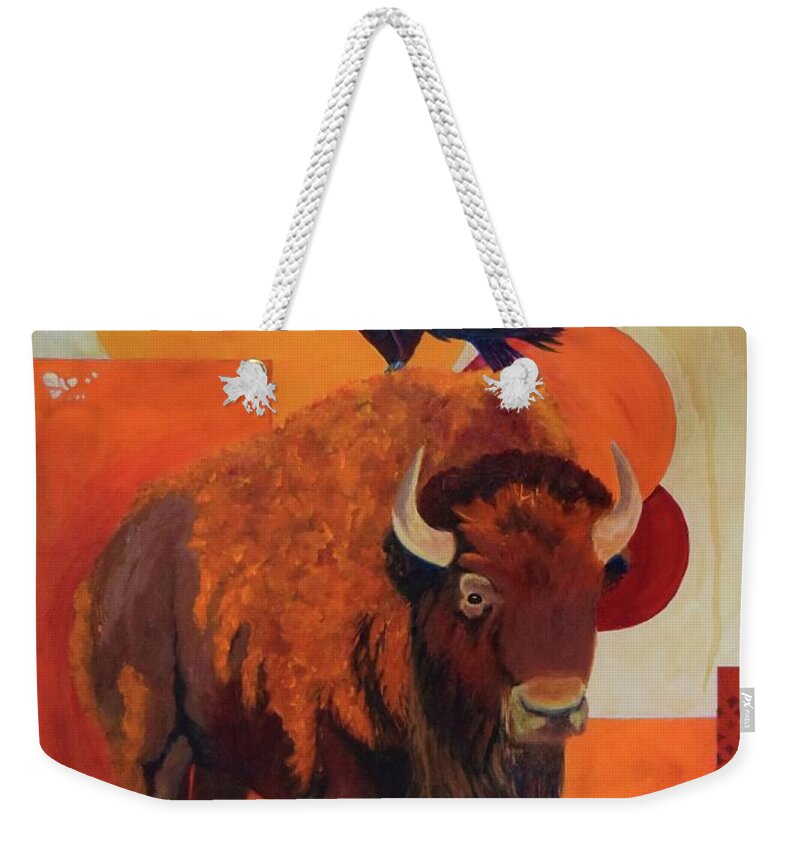 Buffalo Weekender Tote Bag featuring the painting Fur and Feathers by Nancy Jolley