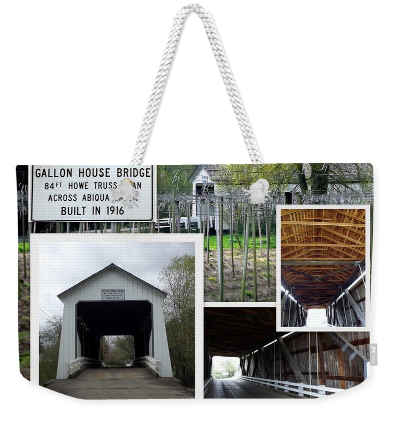 Covered Bridge Weekender Tote Bag featuring the photograph Gallon House Bridge Collage by Linda Vanoudenhaegen