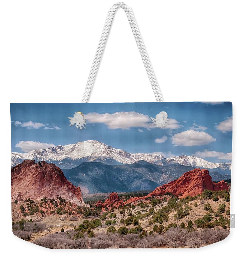 Tranquility Weekender Tote Bag featuring the photograph Garden Of The Gods And Pikes Peak by Ronnie Wiggin