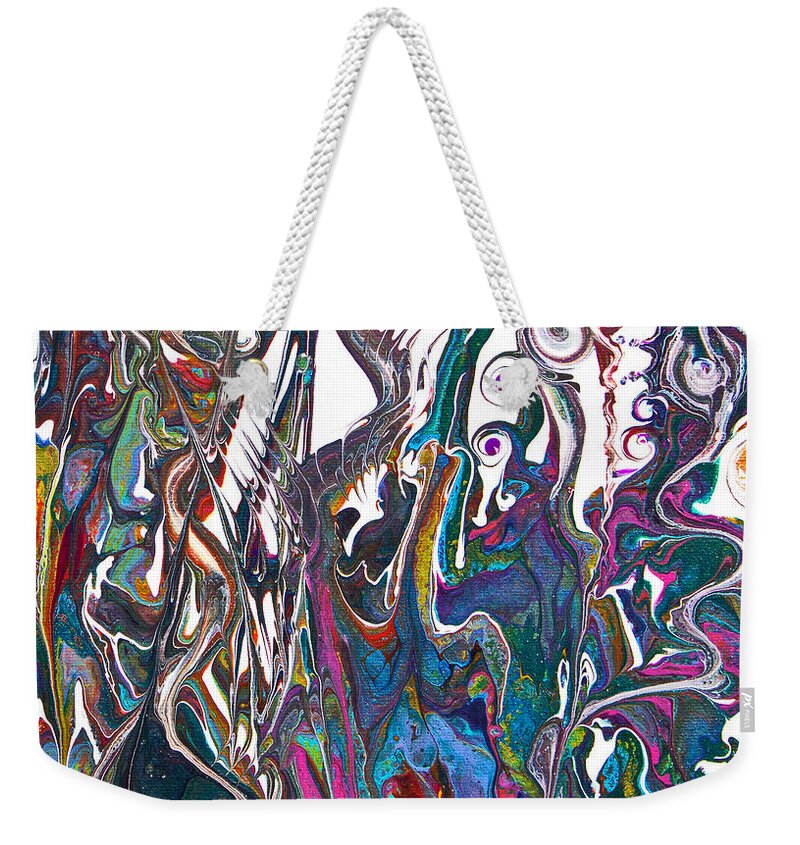 Pattered Colorful Dramatic Fantastic Weekender Tote Bag featuring the painting Garden of Weeden Detail by Priscilla Batzell Expressionist Art Studio Gallery