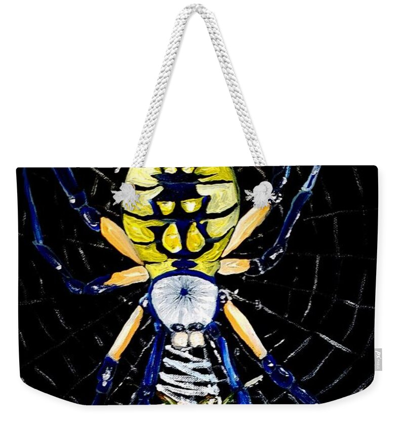 Argiope Weekender Tote Bag featuring the painting Garden Spider by Alexandria Weaselwise Busen