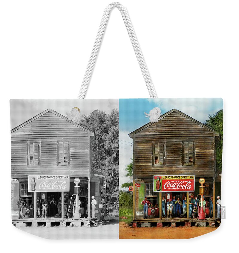 Sprott Al Weekender Tote Bag featuring the photograph Gas Station - Sprott AL - Crossroads store 1935 - Side by Side by Mike Savad